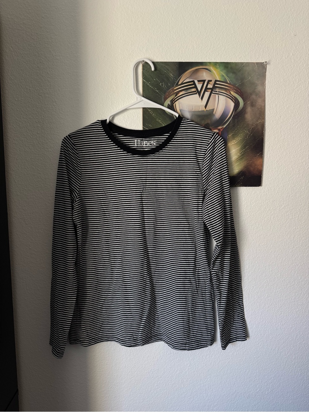 Hanes Black and White Striped Long Sleeve Cotton Tee